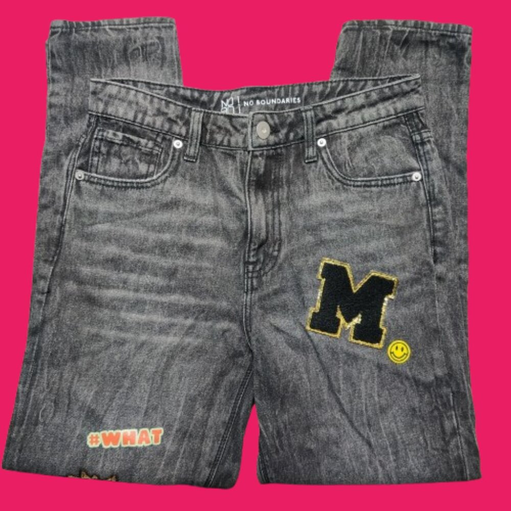 No Boundaries NOBO Size 7 Black Denim Jeans POW Patch Lightning Graphic
